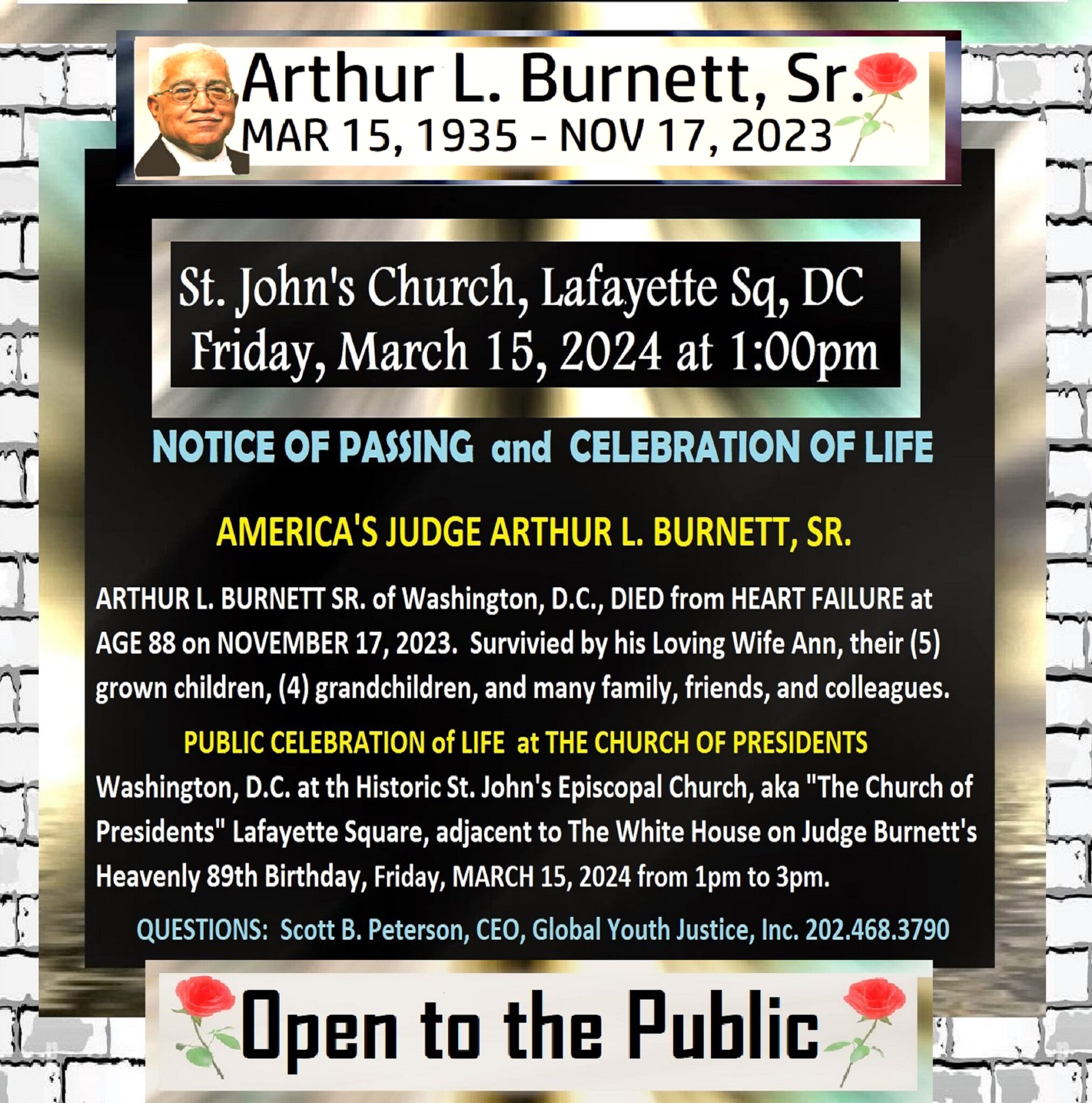 Judge Arthur L. Burnett, Sr. Official Celebration of Life on March 15, 2024
