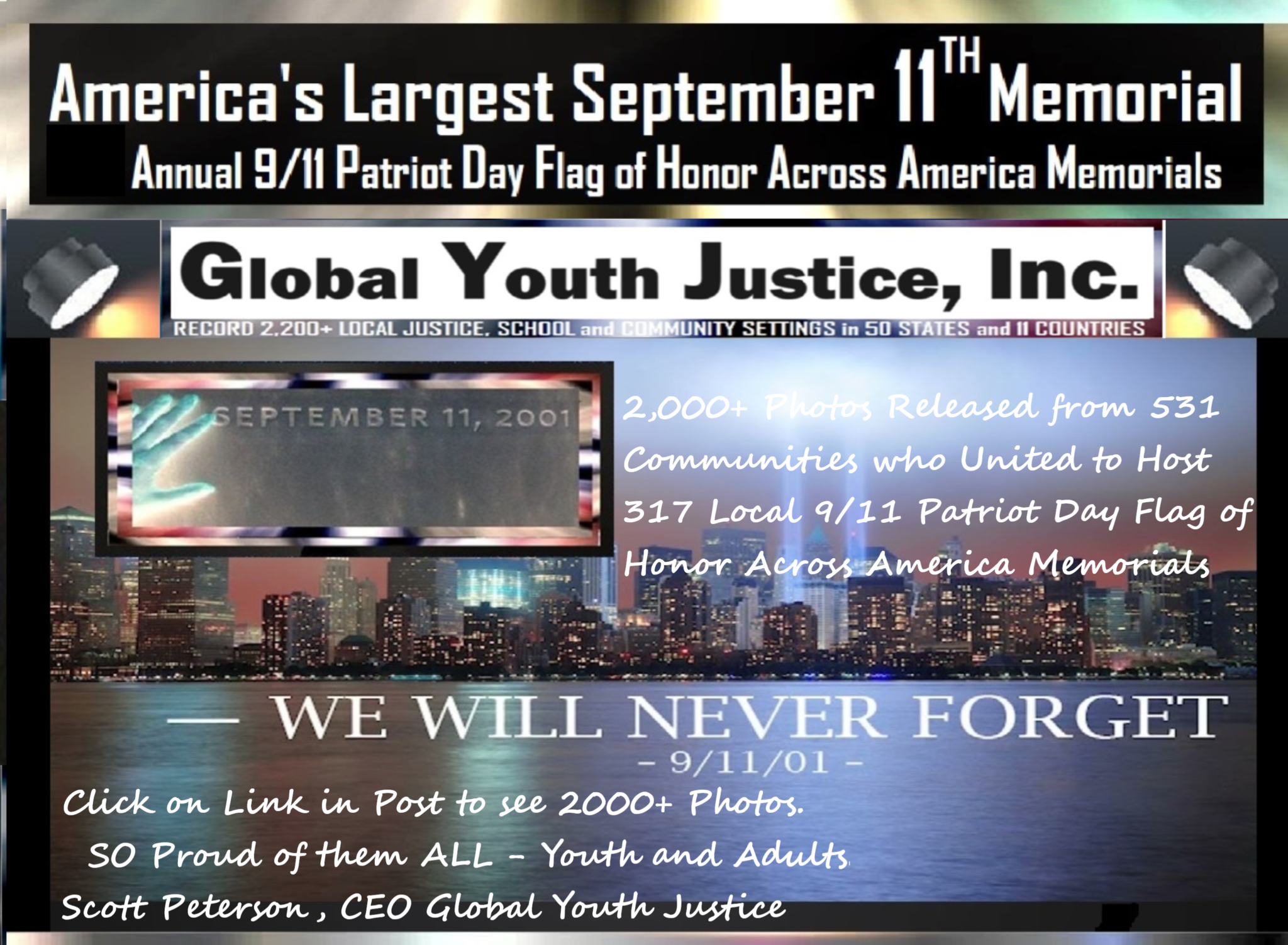 Global Youth Justice's Annual 911 Patriot Day Flag of Honor Across America Memorials on September 11th